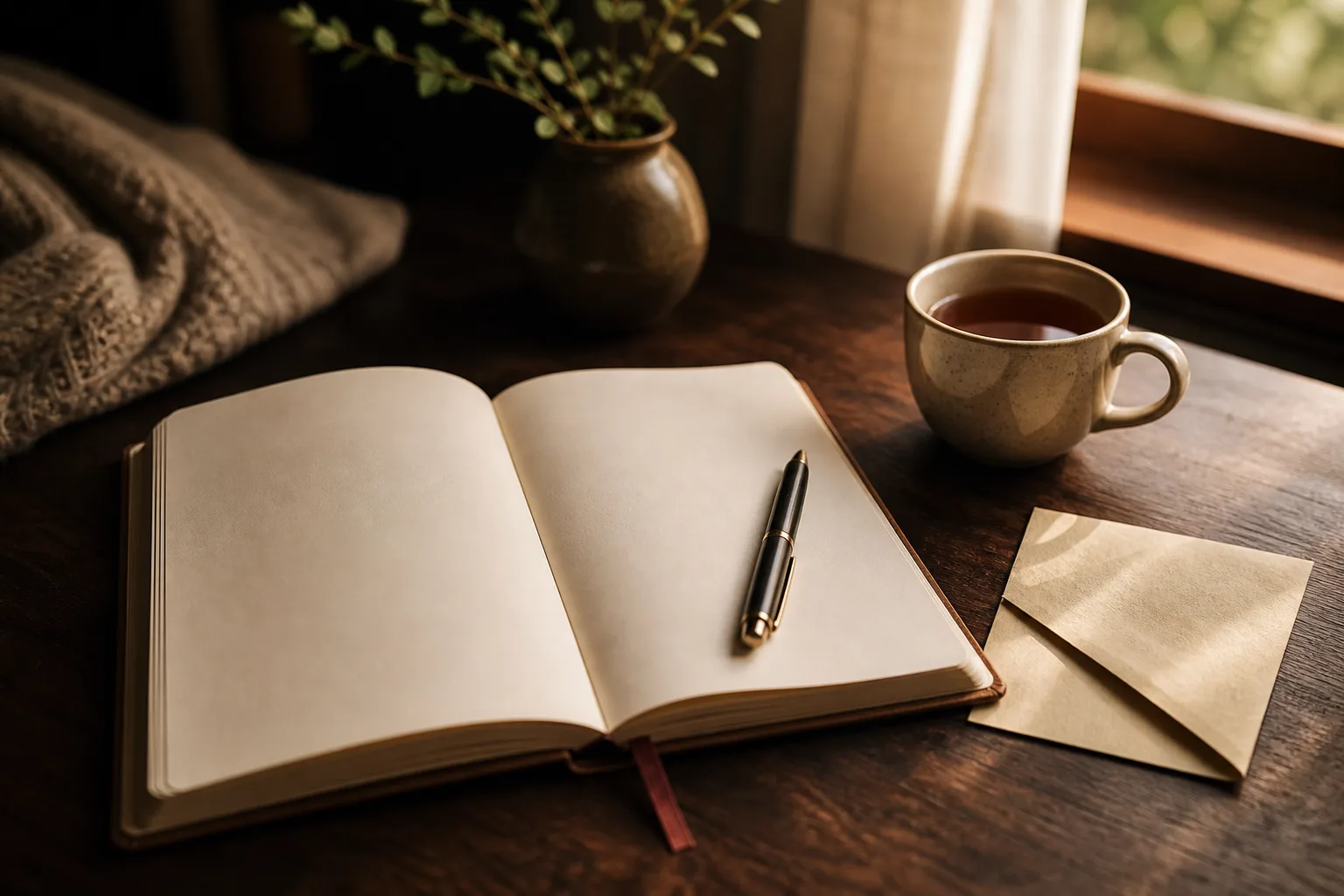An open blank journal and pen beside a warm cup of tea near a softly lit window