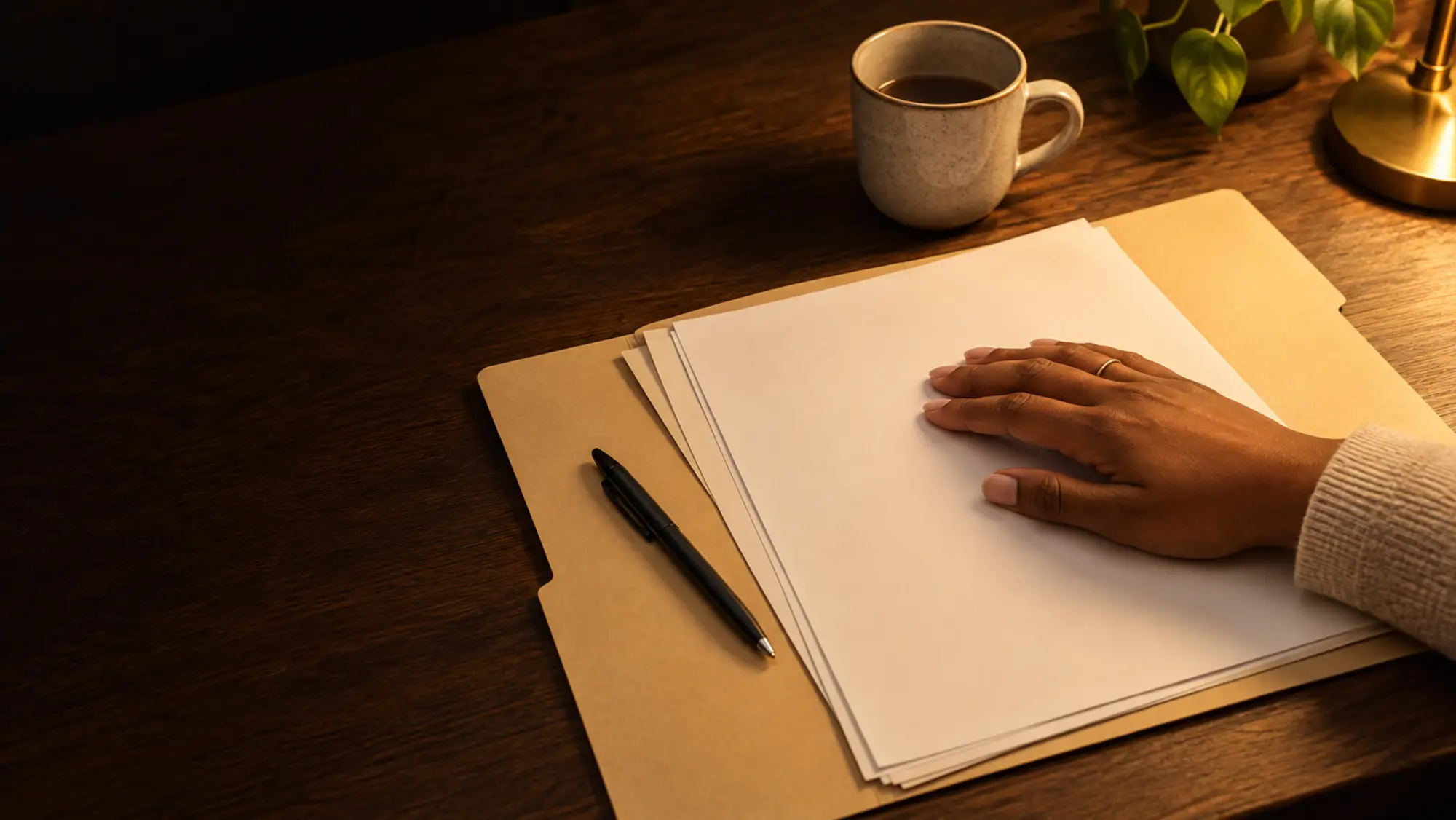 A quiet desk with a notepad, pen and a warm drink, ready for someone to start writing